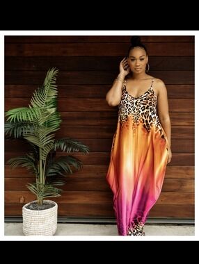 Ombre Leopard Maxi Dress in Orange & Pink